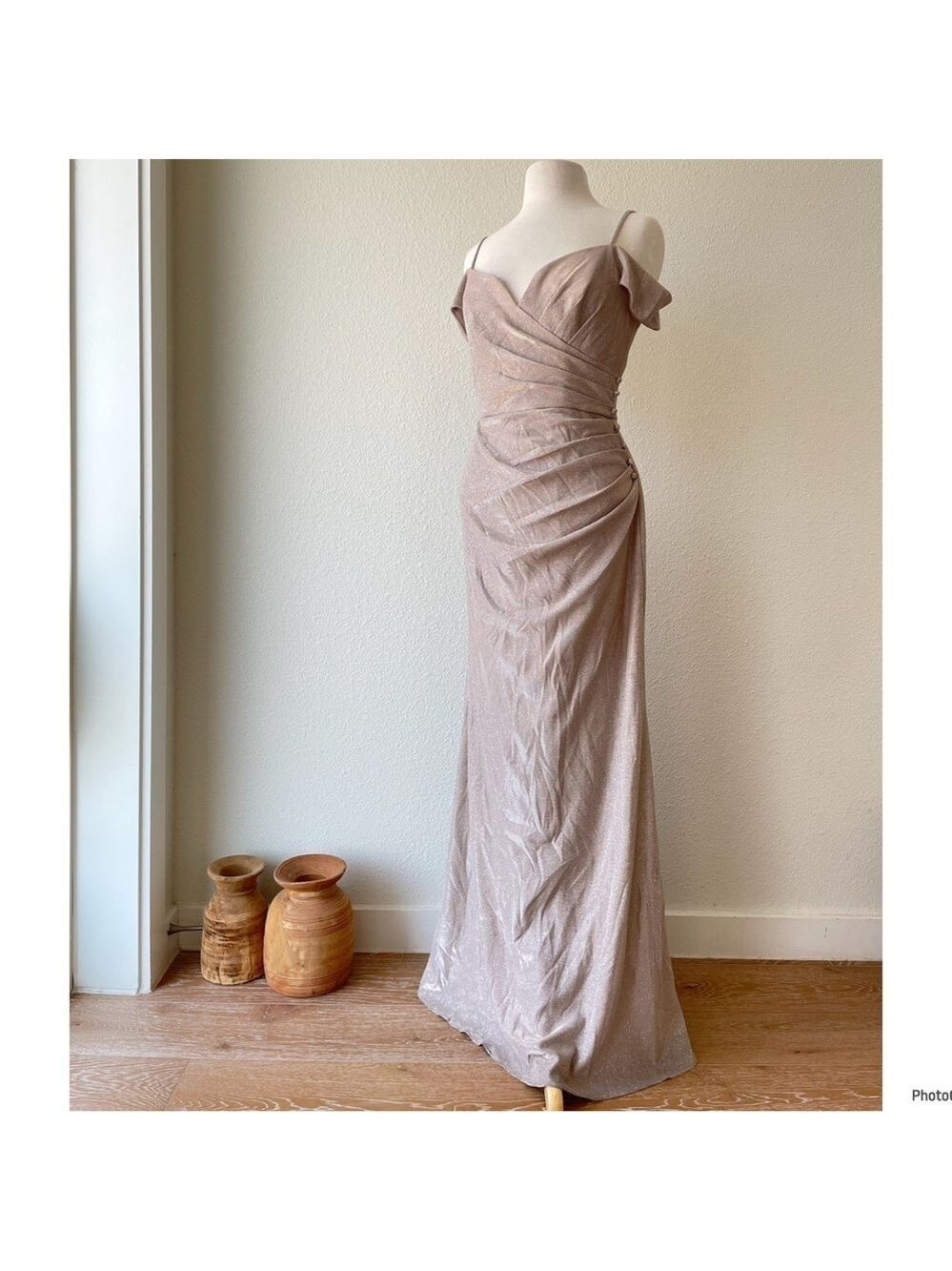 Oleg Cassini Off the Shoulder Metallic Sheath Gown Beige Size 8